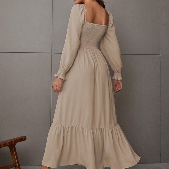 Khaki Boho Womens Square Neck Shirred Ruffle Hem Dress - Picture 2 of 5